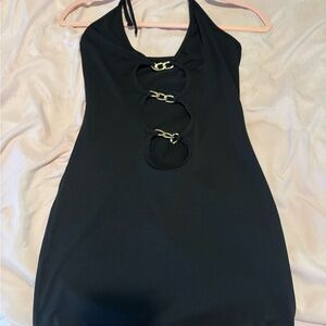 Black Halter Dress with Gold Accents